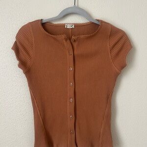 Free People Brown Ribbed Cap Sleeve Button Down Top